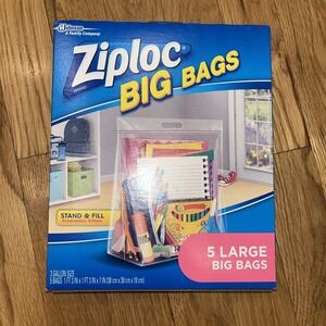 Ziploc Big Bags Large Size 3-Gallon Heavy Duty Zipper Storage 15" x 15" 5-Pack